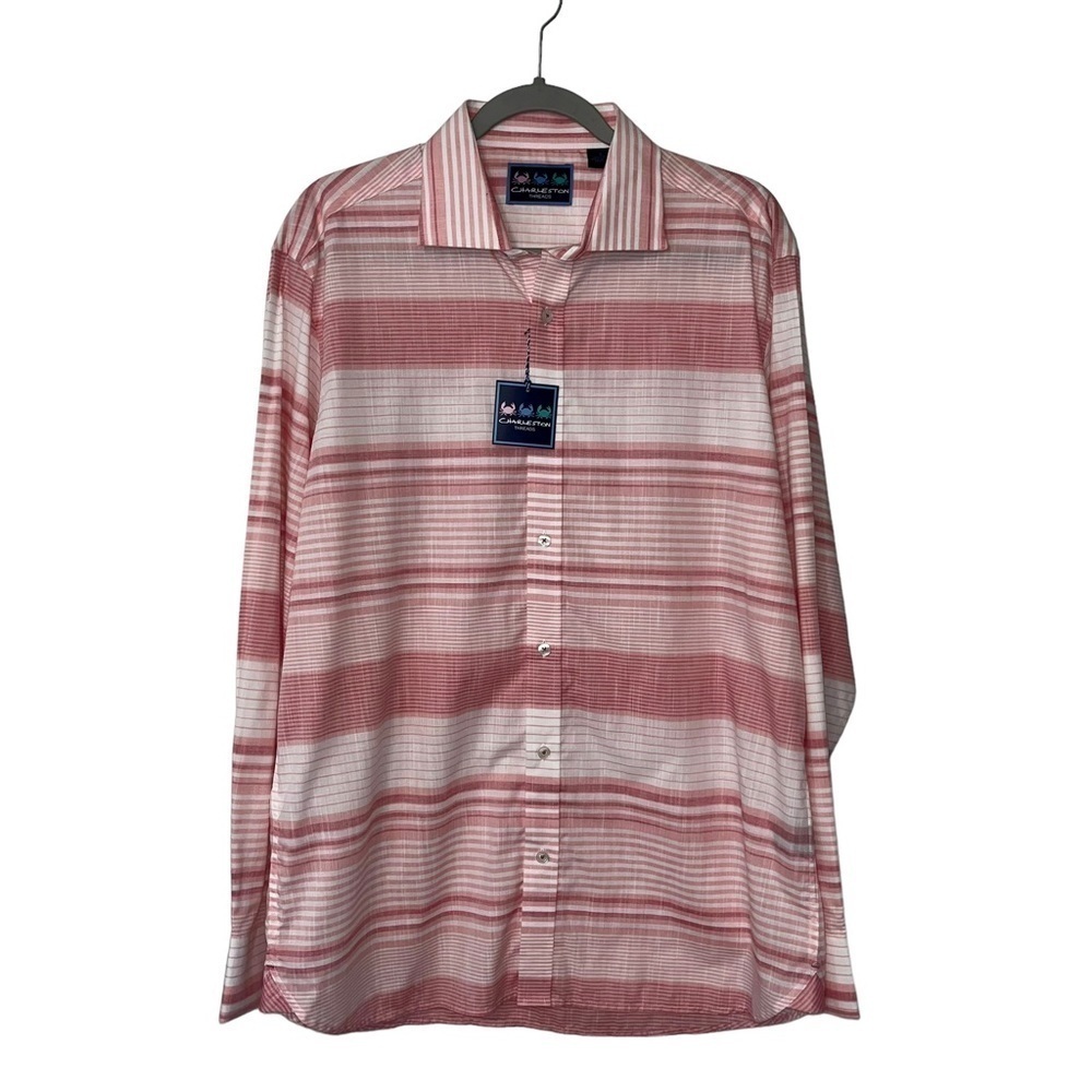 Charleston Threads Cotton Dress Shirt Mens Sz LG Pink White Striped L/S Preppy